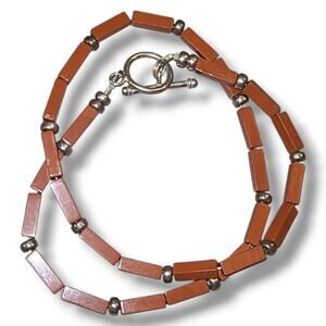 Vintage Sterling‎ Silver 925 Rectangular Cut Red Jasper Stone Beaded Necklace